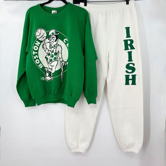 Vintage Boston Celtics Green Sweatshirt & "Irish" Basketball Sweatpants Set Sz L - Picture 1 of 9